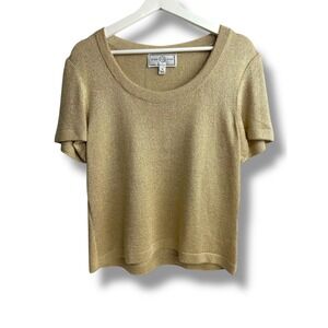 St John Sport Knit Top Gold Metallic Short Sleeve Scoop Neck Women's M